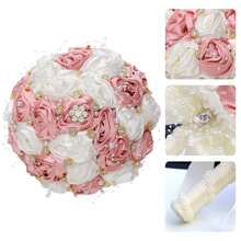 Elegante ramo de rosas de satén con cuentas y cristales de color champán, ramo de boda de rosas de tela artificial, flor eterna W0630G