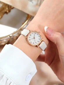 1 Đồng hồ thạch anh tròn số tối giản bằng da PU màu trắng thời trang dành cho nữ, quà tặng sinh nhật, đám cưới, kỷ niệm (Không có hộp) - trắng - Xem 5