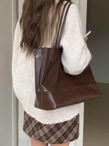 Túi Tote Đeo Vai Da Mềm Phong Cách Hàn Quốc Tối Giản, Sức Chứa Lớn, Màu Cà Phê Cổ Điển, Túi Xách Tay Đeo Hông Thường Ngày/Đi Làm Cho Nữ - Cà phê nâu - Xem 5