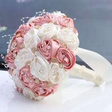 Elegante ramo de rosas de satén con cuentas y cristales de color champán, ramo de boda de rosas de tela artificial, flor eterna W0630G