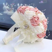 Elegante ramo de rosas de satén con cuentas y cristales de color champán, ramo de boda de rosas de tela artificial, flor eterna W0630G