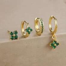 4pcs/Set Minimalist Geometric 18K Gold-Plated Earrings Set, Rhinestone Inlaid, Four-Petal Flower Design, Multi-Color Cubic Zirconia, Suitable For Vacation, Date, Gift And Daily Wear - 4pcs Earrings Set - View 10