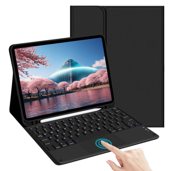 带铅笔架的键盘保护套，可拆卸和可充电触摸板键盘，兼容三星 Galaxy Tab / iPad / Redmi Pad Se，磁性蓝牙键盘保护套（黑色）