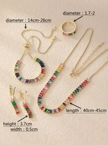 5 món đồ thời trang đơn giản dành cho nữ, cá nhân hóa, đính đá Zirconia nhiều màu sắc, gồm vòng cổ, vòng tay, nhẫn và bông tai. - Vàng - Xem 12