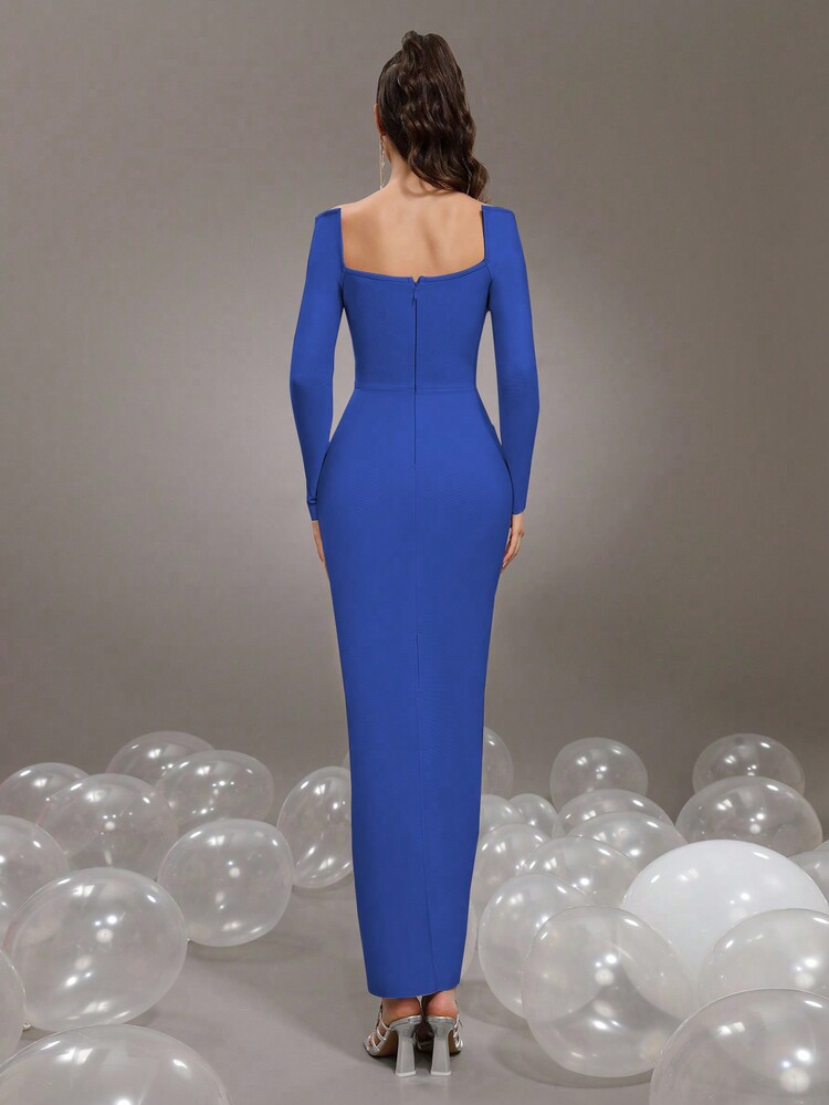 Đầm Maxi Ôm Body Cổ Vuông Tay Dài Đính Kim Cương Phong Cách Mới, Váy Dạ Hội Cưới Trang Trọng Cho Nữ - Xanh đậm - Xem 5