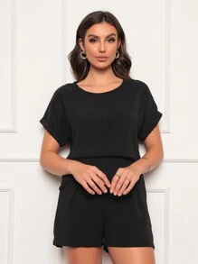 Women's Shorts And Blouse Set - Monochrome With Pleated Details And Elastic Waistband - màu đen - Xem 1
