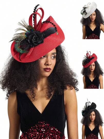 1件茶会花朵羽毛帽发箍头饰，女士肯塔基德比头饰，婚礼头饰，新娘头饰