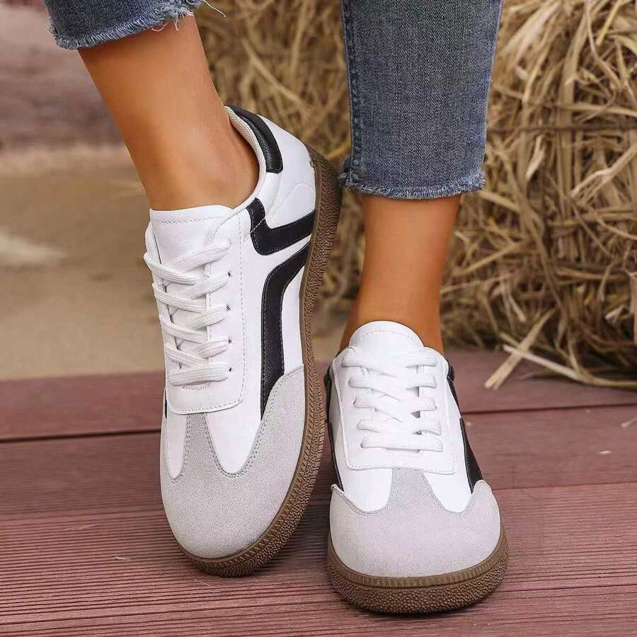 Giày tennis thường ngày chống trượt, thoải mái, buộc dây, thời trang cổ điển dành cho nữ, mẫu 2024 - Đen và trắng - Xem 1