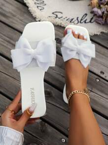 New White Women's Sandals, Fashion Cute Lightweight Bow Decor Square Toe Flat Shoes, Fabric Material Suitable For Students, Daily Life And Party