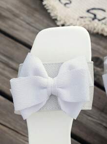 New White Women's Sandals, Fashion Cute Lightweight Bow Decor Square Toe Flat Shoes, Fabric Material Suitable For Students, Daily Life And Party
