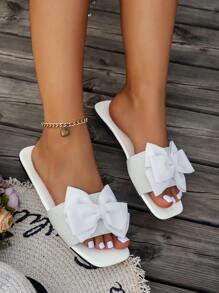 New White Women's Sandals, Fashion Cute Lightweight Bow Decor Square Toe Flat Shoes, Fabric Material Suitable For Students, Daily Life And Party
