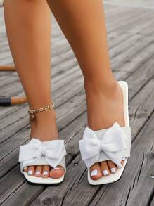 New White Women's Sandals, Fashion Cute Lightweight Bow Decor Square Toe Flat Shoes, Fabric Material Suitable For Students, Daily Life And Party