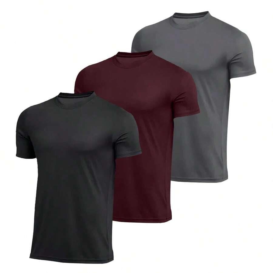 Kit 3 Men's Dry Fit Slim Fit T-Shirt Short Sleeve UV Sun Protection Anti Sweat Anti Odor Sports Shirt Bike Running Gym Training - Đen + Phong + Xám - Xem 1