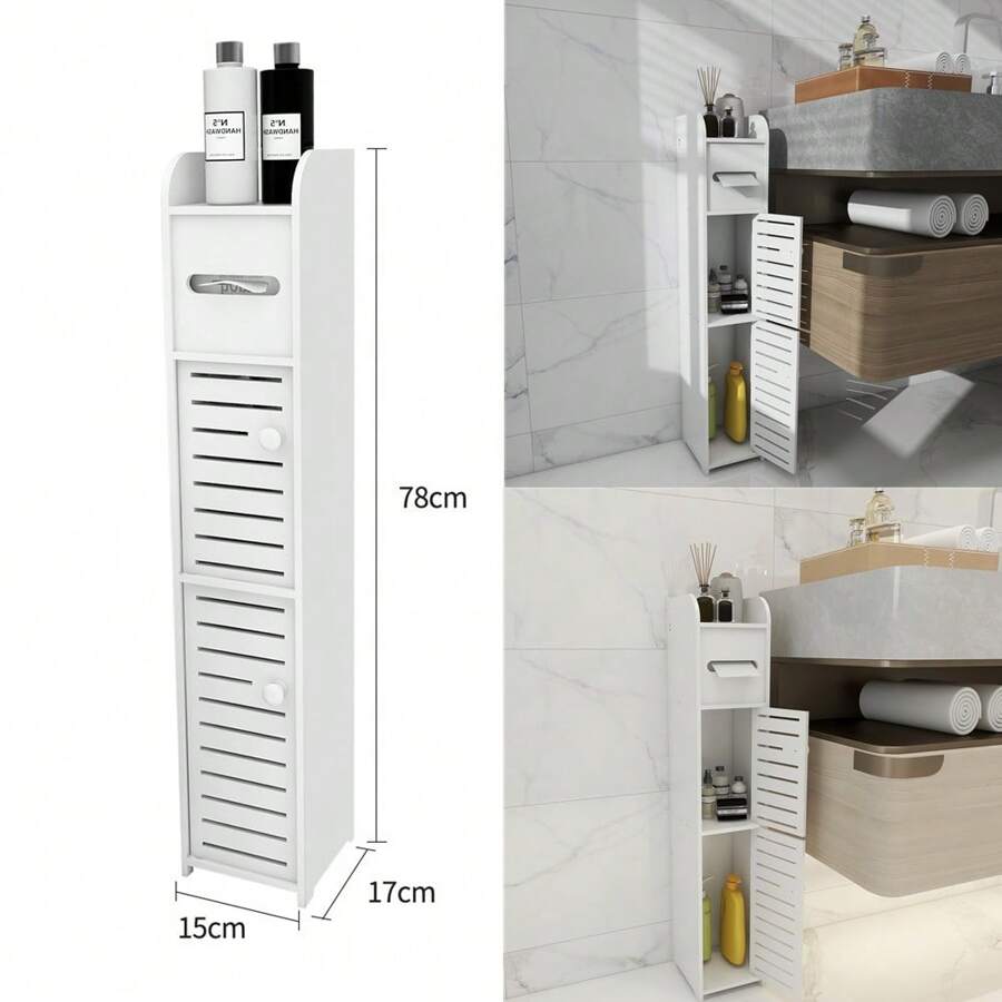Armoire de salle de bain en PP - 2 portes - Imperméable - 15*17*78 cm - Décoration de salle de bain blanche Organisateur de salle de bain Rentrée des classes d'été