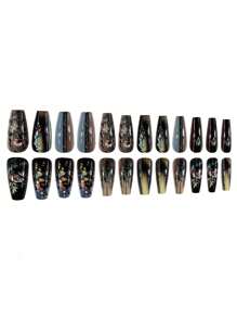 24 Peças Unhas Postiças de Balé Médio-Longas Brilhantes, Design Floral Cinza Retrô de Cor Quente de Inverno, Adequado Para Decoração de Arte de Unhas Feminina, Inclui 1 Peça de Gel Gelatina e Bloco Lixa de Unhas Unhas Coladas