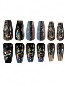 24 Peças Unhas Postiças de Balé Médio-Longas Brilhantes, Design Floral Cinza Retrô de Cor Quente de Inverno, Adequado Para Decoração de Arte de Unhas Feminina, Inclui 1 Peça de Gel Gelatina e Bloco Lixa de Unhas Unhas Coladas