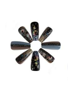 24 Peças Unhas Postiças de Balé Médio-Longas Brilhantes, Design Floral Cinza Retrô de Cor Quente de Inverno, Adequado Para Decoração de Arte de Unhas Feminina, Inclui 1 Peça de Gel Gelatina e Bloco Lixa de Unhas Unhas Coladas