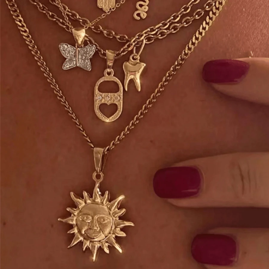 1 chiếc vòng cổ mặt hình răng bằng thép không gỉ mạ vàng 18K phong cách cổ điển, mặt trời và trái tim, thích hợp cho cả nam và nữ đeo hàng ngày và làm quà tặng - Vàng - Xem 1