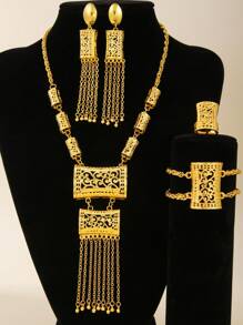 4pcs/Set 18k Gold Plated Vintage Dubai Bride Necklace, Earrings, Bracelet Jewelry Set