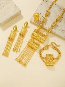 4pcs/Set 18k Gold Plated Vintage Dubai Bride Necklace, Earrings, Bracelet Jewelry Set