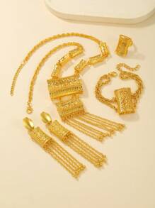 4pcs/Set 18k Gold Plated Vintage Dubai Bride Necklace, Earrings, Bracelet Jewelry Set