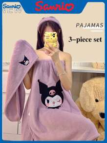 Sanrio Set de 3 piezas de toalla de baño: bata de baño absorbente que se puede usar o enrollar + gorro de secado de pelo + diadema, set de toalla de baño para decoración del baño, vuelta al colegio en verano