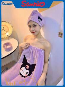 Sanrio Set de 3 piezas de toalla de baño: bata de baño absorbente que se puede usar o enrollar + gorro de secado de pelo + diadema, set de toalla de baño para decoración del baño, vuelta al colegio en verano