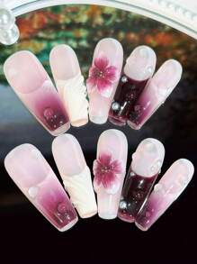 纯手工指甲 葡萄美学3D花朵指甲 露珠珍珠长棺材按压指甲 10片装假指甲 女士女孩日常佩戴美甲用品指甲 - 彩色 - 查看 3