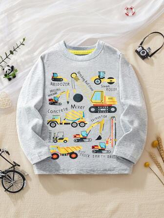 Maglietta a maniche lunghe casual con stampa di scavatore a fumetti per ragazzi giovani, autunno/inverno