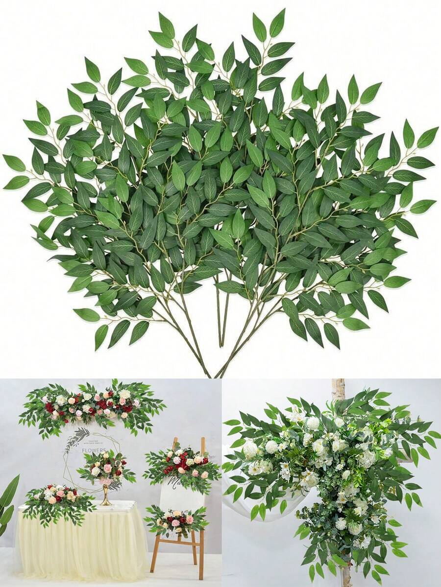 4 件装绿叶茎人造塑料绿叶花环藤蔓悬挂喷雾适用于 DIY 婚礼拱门花束填充物桌面中心装饰家居装饰，绿叶茎人造丝绿叶花环藤蔓悬挂喷雾适用于 DIY 婚礼拱门花束填充物桌面中心装饰家居室内装饰 - 綠色 - 查看 1