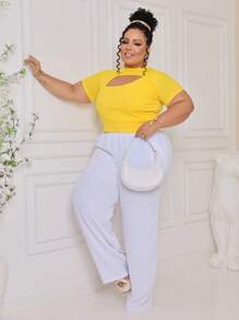 Women's Plus Size Crop Top With Short Sleeve Neckline Ribbed Knit Basic Stylish And Elegant For Summer Christmas And New Year Plus Size Look - Màu vàng - Xem 3