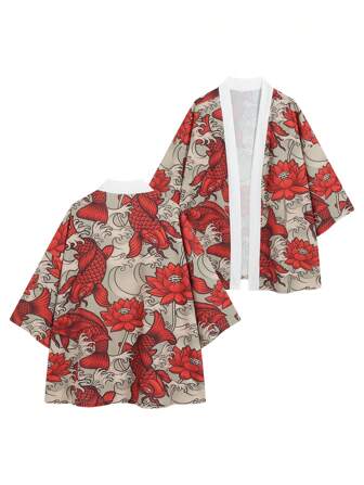 Men's Lightweight Japanese Style Kimono Jacket, Loose Fit Front Open Robe With Printed Pattern, Street Wear