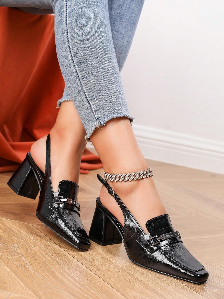 Mary Jane Pumps For Women, Square Toe Design, Black Striped Patent Leather Backless High Heel Shoes, Versatile & Comfortable For All Seasons, Classic Chunky Heel Dress Shoes, Popular Spring/Fall Fashion Essential