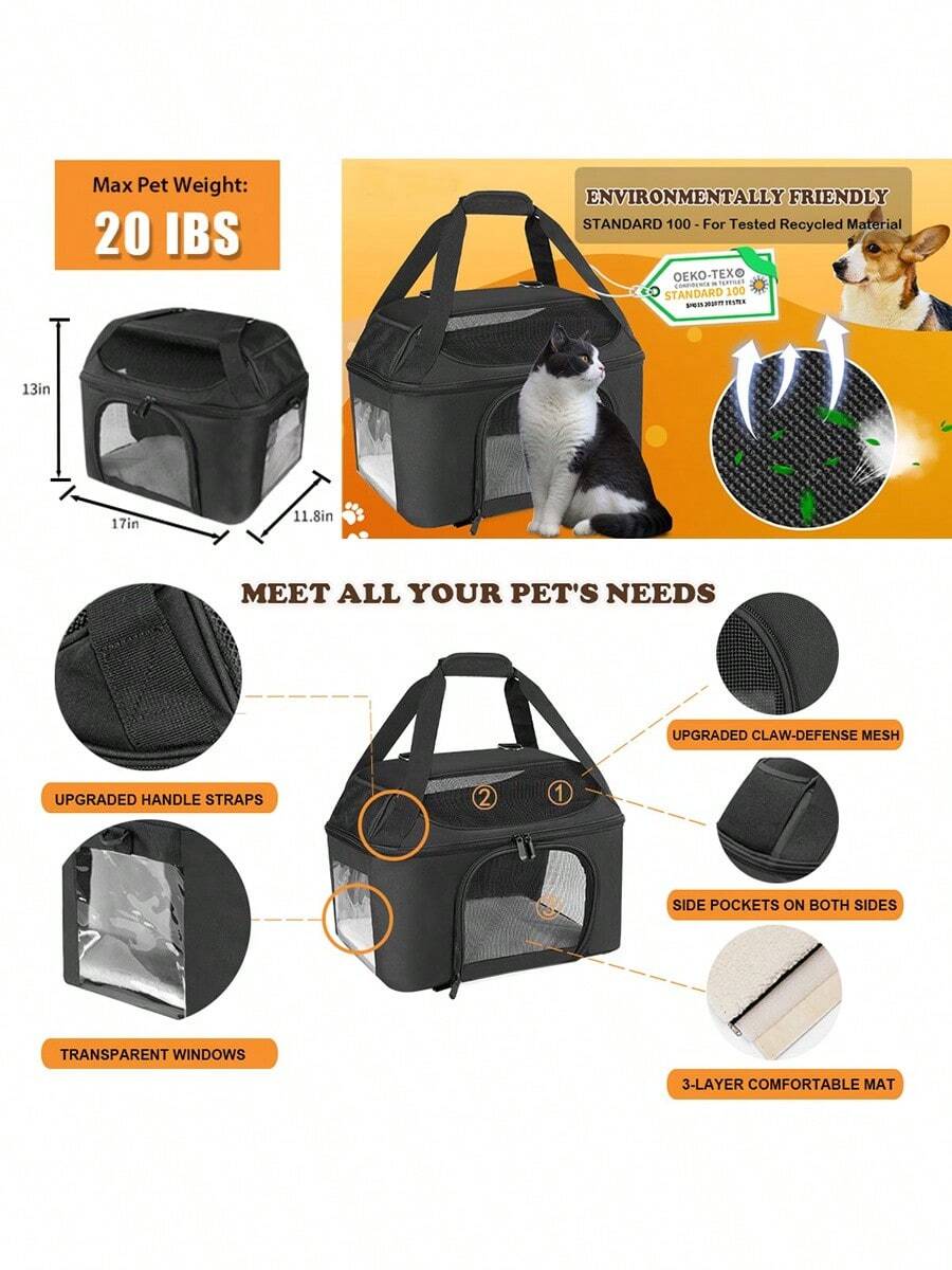 Large Cat Carrier For 2 Cats, OekoTEX Certified Soft Side Pet Carrier