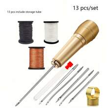Set de costura de 11/13 piezas con lezna de manija de cobre DIY, incluye 6 agujas, hilo de nylon marrón/negro/blanco, estuche de almacenamiento y 2 pinchos, apropiado para reparar, lona, tienda de campaña y zapatos (color de aguja y estuche al azar)