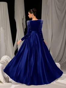 Faeriesty Women's Elegant Formal Gown Long Sleeve Deep V Neck Pearls Belted Flared Hem Evening Maxi Dress - Royal Blue - View 3