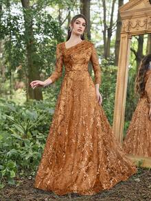 Faeriesty 亮片斜领口 3/4 袖礼服优雅舞会晚会婚礼宾客礼服，适合毕业典礼、晚宴