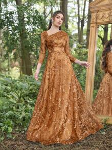 Faeriesty 亮片斜领口 3/4 袖礼服优雅舞会晚会婚礼宾客礼服，适合毕业典礼、晚宴