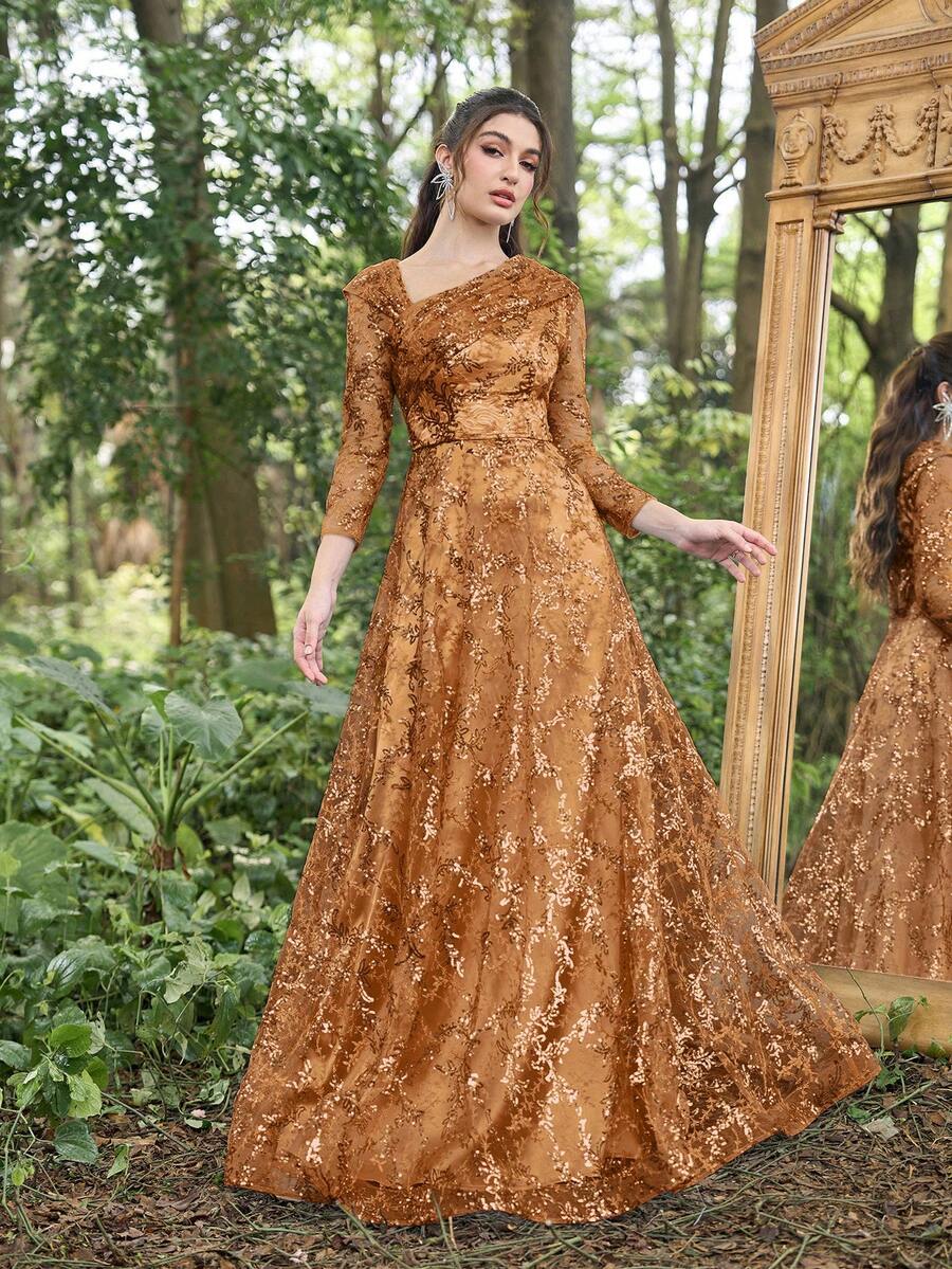 Faeriesty 亮片斜领口 3/4 袖礼服优雅舞会晚会婚礼宾客礼服，适合毕业典礼、晚宴