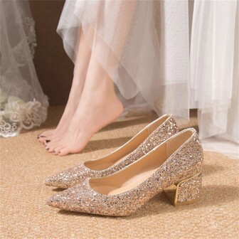 2024秋冬新款水晶婚鞋，可搭配婚纱的新娘鞋，尖头粗跟伴娘鞋，孕妇鞋，优雅