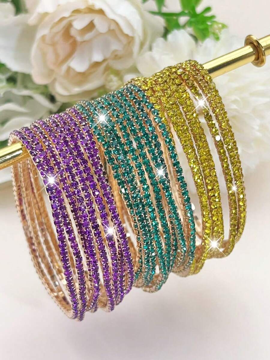 6/12/24/60 chiếc Vòng tay tennis đính đá lấp lánh, Vòng tay co giãn cho nữ dùng cho tiệc tùng, lễ hội, màu tím, vàng, xanh lá, trắng, quà tặng cá nhân hóa - vòng đeo tay - Xem 1