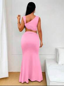 Casual Event Set Cropped Top With Thick Straps Twisted At The Back With Long Twisted Skirt For Clubbing Chic Modern Elegant Parties Daytime Casual - Màu Hồng baby - Xem 2