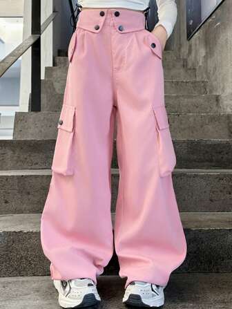 Tween Girl 高腰纯色工装裤，翻领和腰部装饰，宽松直腿设计，适合上学、外出和日常通勤，春夏秋季