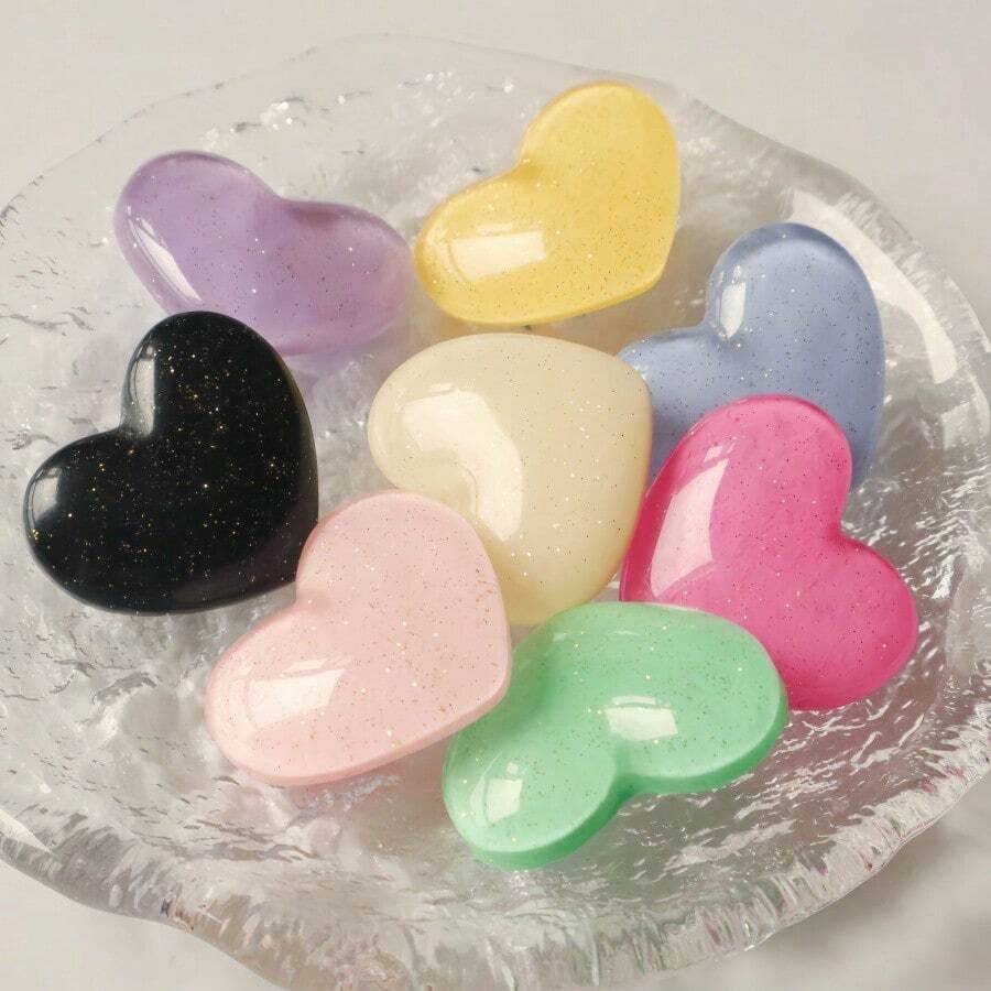 6/12pcs Delicate Glittery Cute Colorful Big Heart Shaped Resin Decorative Buttons For Sweaters, Coats, DIY Craft - Multicolor - View 1
