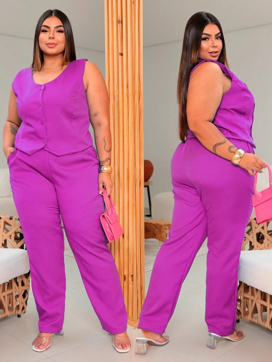 Women's Tailored Set Plus Size 48 50 52 Vest Blouse Cropped Dress Pants 46 48 50 52 54 GG G1 G2 - Premium - 玫瑰紅 - 查看 1