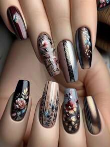24 Peças Unhas Postiças de Balé Médio-Longas Brilhantes, Design Floral Cinza Retrô de Cor Quente de Inverno, Adequado Para Decoração de Arte de Unhas Feminina, Inclui 1 Peça de Gel Gelatina e Bloco Lixa de Unhas Unhas Coladas