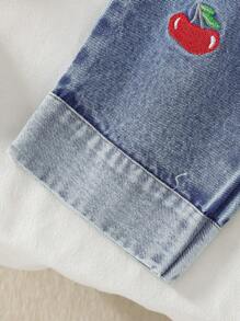 2pcs/Set Young Girl' Fashionable Casual Cherry Print Round Neck Sweatshirt And Matching Cherry Print Denim Pants Set, Autumn/Winter - White - View 5