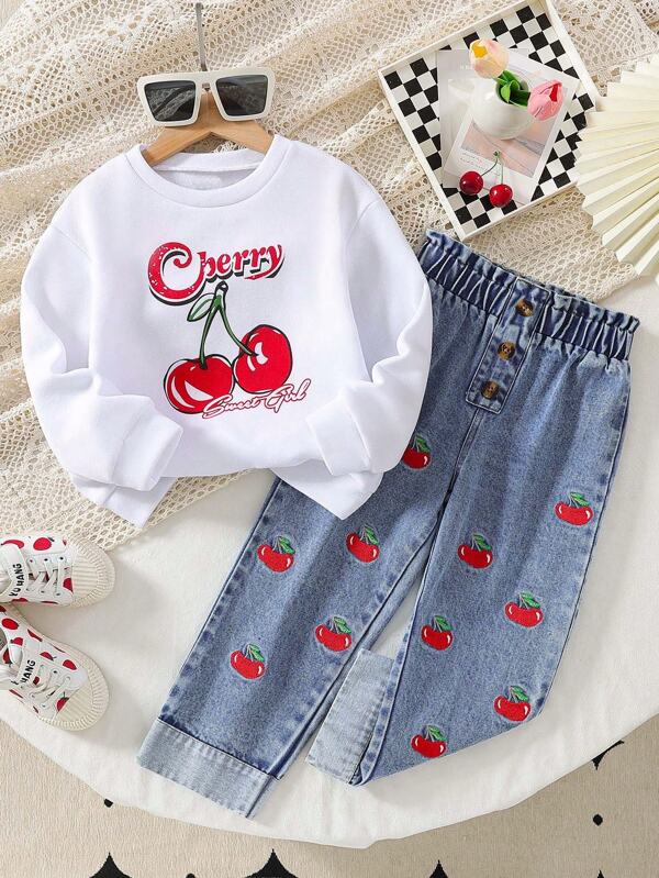 2 peças/conjunto de moletom com estampa de cereja casual e gola redonda para meninas jovens e calças jeans com estampa de cereja combinando, outono/inverno
