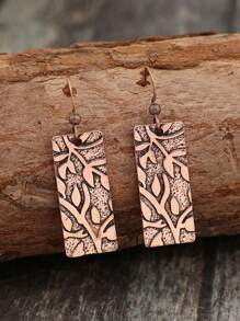 1 Pair Vintage Distressed Copper Floral Leaf Rectangular Alloy Earrings - Ancient Red Copper - View 8