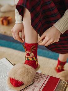 1 Pair Christmas Socks For Women, Coral Fleece Thick Warm Christmas Sleep Socks, Cartoon Half Fleece Floor Socks Home Decor Christmas Decorations Room Decor Winter